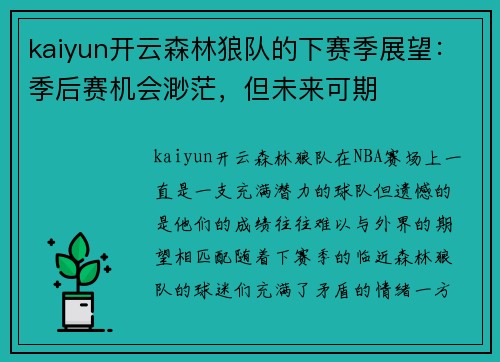 kaiyun开云森林狼队的下赛季展望：季后赛机会渺茫，但未来可期